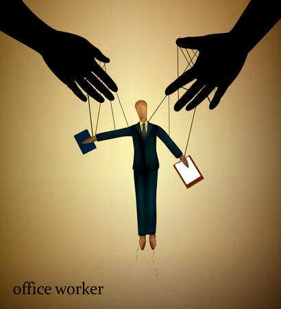 office worker concept, wooden marionette manipulated by hands like office worker by boss, vectorのイラスト素材