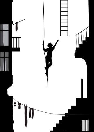 the thief runs away with ladder, stuntmen silhouette in the city, black and white memories, vectorのイラスト素材