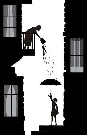 bad neighbor, tricks of a neighbor, woman poor the water from the balcony on the young woman downstairs, life in the city scene silhouettes, vectorのイラスト素材