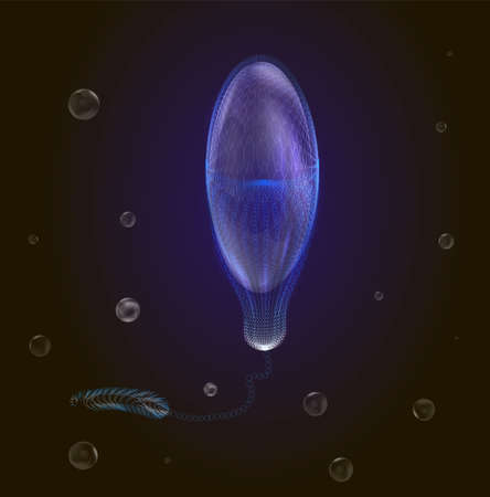 realistic, blue lightening poisonous jellyfish in dark deep water with bubbles, deep ocean animalのイラスト素材