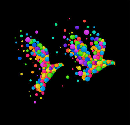pigeons created from the small colored parts, bird emotions icons multicolored isolated on the clack background, vectorのイラスト素材