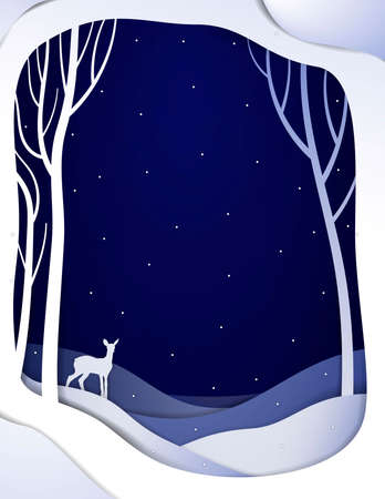 Paper winter forest night landscape with young deer, paper winter fairy tale background with bambi, vectorのイラスト素材