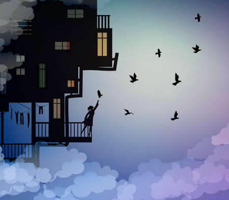 life on heavens, put the moon on the night sky, house on the sky with man putting the moon above the clouds, fairy characters, shadows, vectorのイラスト素材