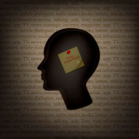 information in human brain concept, man profile with paper inside inside and text pattern outside, remember only important, mass media and human mind concept,のイラスト素材