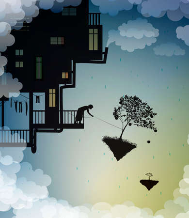 catch the dragon on the sky, feed the dragon, scene on the dreamland, fairy scene with dragon and man, fairy silhouette, vectorのイラスト素材