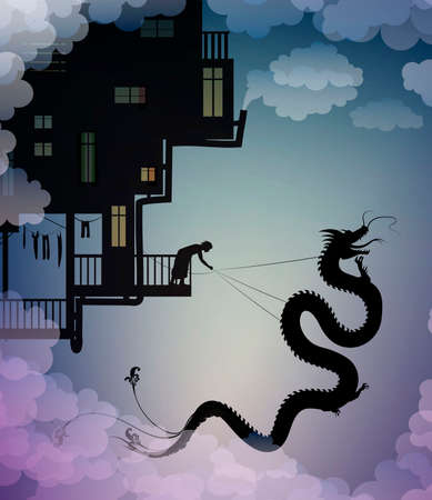 catch the dragon on the sky, scene on the dreamland, fairy scene with dragon and man, fairy silhouette, vectorのイラスト素材