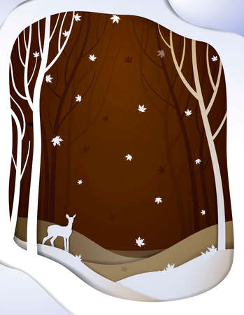 Paper autumn forest landscape with young deer, paper october fairy tale background with bambi,のイラスト素材