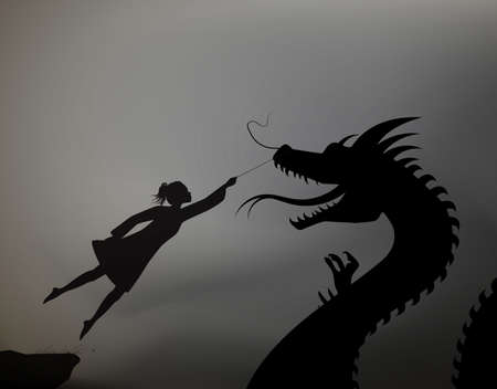 girl catching the fairy dragon and holding it on the thread, scene from the fairytale in the dreamland, black and whitel, shadows,の写真素材