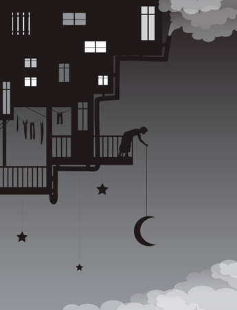 life on heavens, put the moon on the night sky, house on the sky with man putting the moon above the clouds, fairy characters, shadows,の写真素材