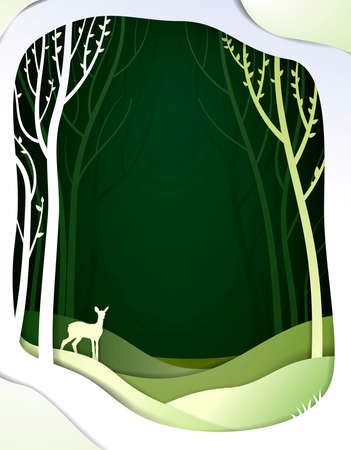 Paper spring forest landscape with young deer, paper spring fairy tale background with bambi,の写真素材