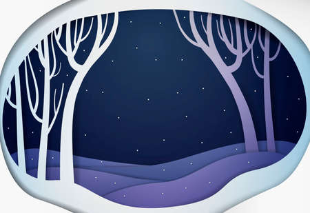 Paper winter forest night landscape, paper winter fairy tale background,の写真素材