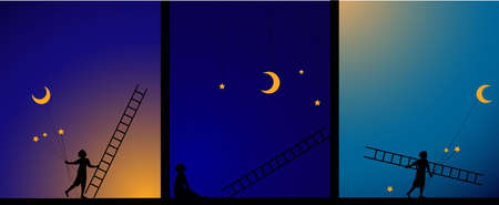 decorate the sky, work in theater, image story, e, boy fix the star and moon with ladder, work on the heavens, dream,のイラスト素材