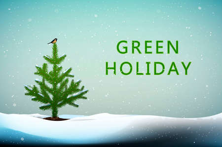 protect the tree idea, Small Christmas tree with titmouse bird on the top growing in snowdrifts and text Green holiday, Eco Christmas idea, vectorのイラスト素材