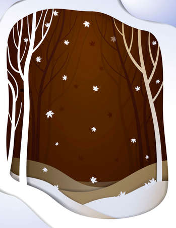 Paper autumn forest landscape, paper november fairytale background with falling leaves,のイラスト素材