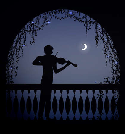 violinist in the arch of a balcony at romantic dark night, romantic melody character, silhouette, shadows,のイラスト素材