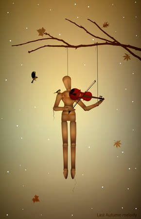 autumn melancholy, last autumn melody, marionette hanging on the tree branch and playing violine for tit birds, vectorのイラスト素材