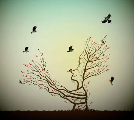alive tree on the rock and titmouses birds, tree soul, man like tree giving his hand branch to flying birds, fairytale surrealism, plant alive idea,のイラスト素材