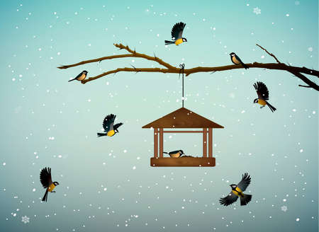 titmouse birds on the tree branch with feeder in the winter season, family of birds in snowy cold whether,のイラスト素材