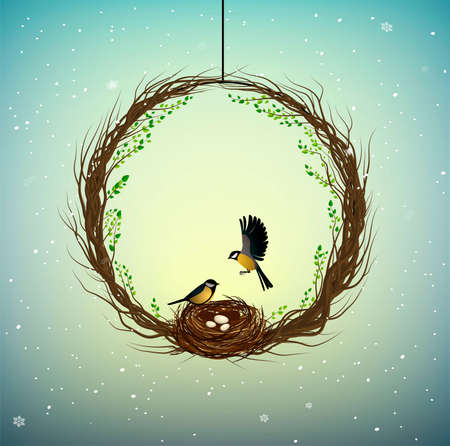 family home idea, wreath of thebranches with nest and two birds inside, sweet home, spring inside idea, nature decoration, vectorのイラスト素材