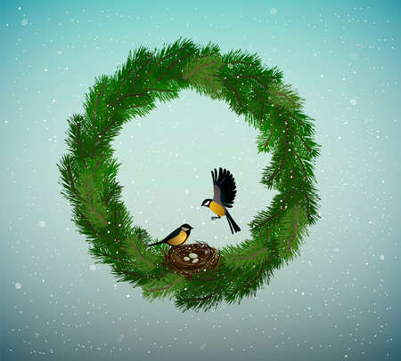 eco green holiday idea, wreath of christmas tree branches with nest and two birds inside, sweet home, protect the forest concept, nature decoration, vectorのイラスト素材