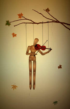 autumn melancholy, November melody, marionette hanging on the tree branch and playing violine, vectorのイラスト素材