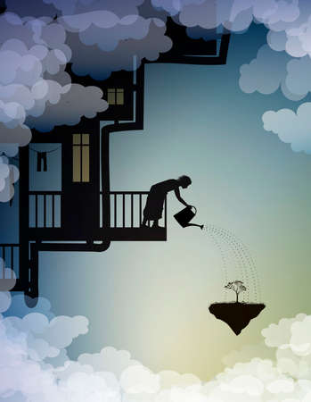 scene on the dreamland, house on the sky, rain on heavens, fairy silhouette, vectorのイラスト素材