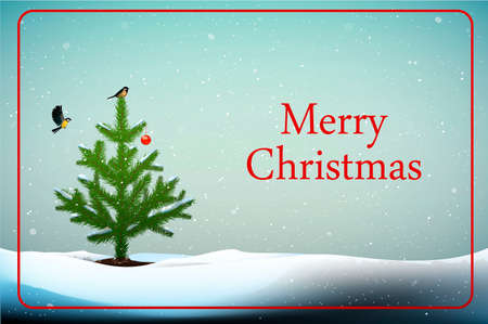 merry Christmas winter card, Small Christmas tree with titmouse bird on the top and red ball decoration growing in snowdrifts and text Merry Christmas, Eco Christmas idea,のイラスト素材