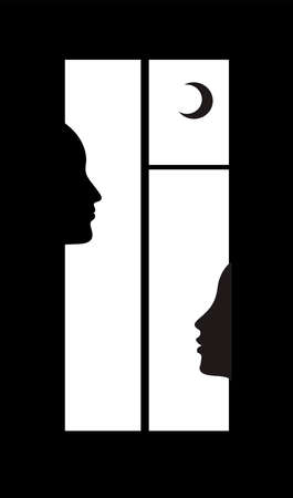 night talks concept, two people profile in the window,