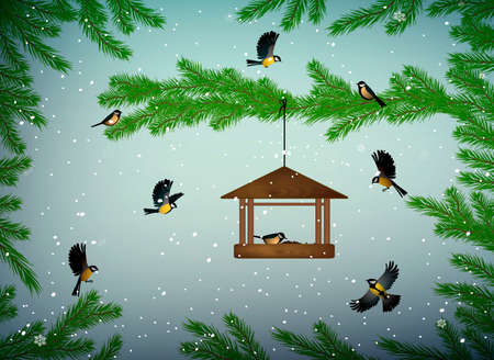 titmouse birds on the pine tree branch with feeder in the winter season, family of birds in snowy cold whether,のイラスト素材