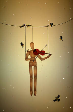first snow melody, marionette hanging on the tree branch and playing violine for tit birds, friends character,のイラスト素材