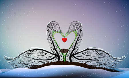 valentine card love forever, Two swans look like tree branches with the bird nest inside and holding the heart, vectorのイラスト素材