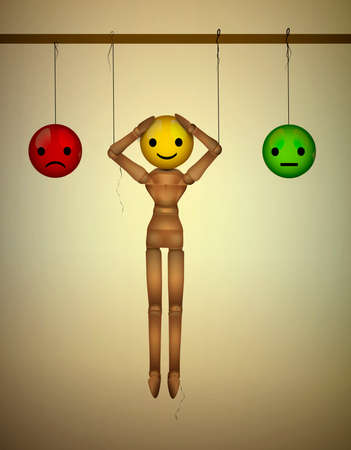 artificial happiness concept, mood concept, realistic wooden marionette hanging with artificial faces, vectorのイラスト素材