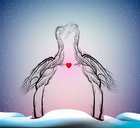 valentine card love forever, Two cranes look like tree branches holding the heart, vectorのイラスト素材