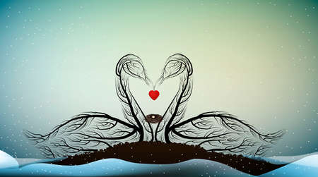 valentine card love forever, Two swans look like tree branches with the bird nest inside and holding the heart, vectorのイラスト素材