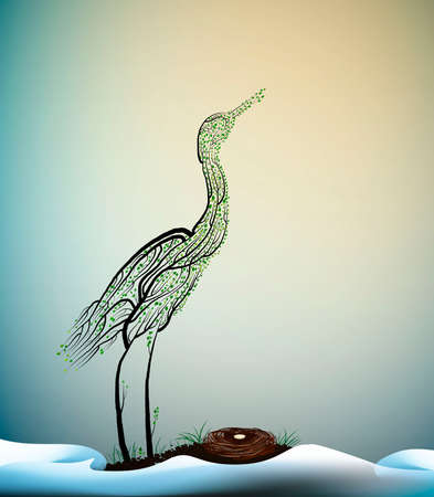 wait the spring, crane bird look like tree branches with the nest and look at the fist ray of the sun, spring beautiful composition, vectorのイラスト素材