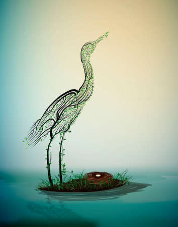 crane bird look like tree branches with the nest and look at the fist ray of the sun, spring beautiful composition, vectorのイラスト素材