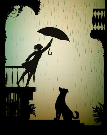 take care the dog, Girl on the balcony holding the umbrella above the dog, my friend dog, shadow, vectorのイラスト素材