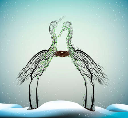 Birds extinction concept, spirit of dying birds due the climate change, Two heron bird look like tree branches with the bird nest inside, protect the birds and forest, vectorのイラスト素材