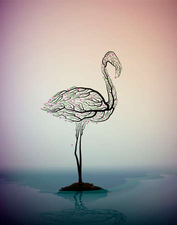 flamingo bird look like tree branches, protect the birds, birds extinction concept, vectorのイラスト素材