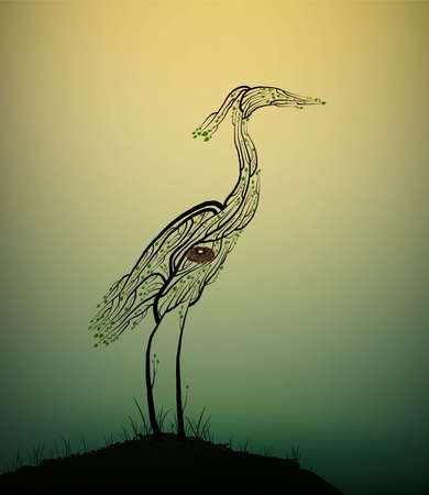 Heron bird look like tree branches with the bird nest inside, protect the birds and forest, protect the swamp, vectorのイラスト素材