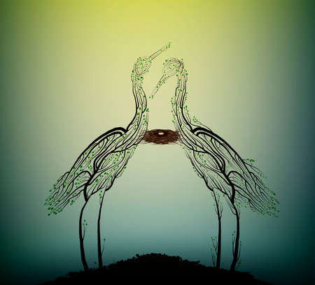 Birds extinction concept, spirit of dying birds due the forest extinction, Two heron bird look like tree branches with the bird nest inside, protect the birds and forest, vectorのイラスト素材