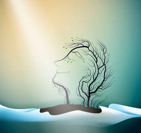 first ray of spring sun concept, tree looks like men head, spring portrait of forest spirit, tree s dream, vectorのイラスト素材