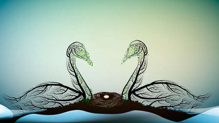 Birds extinction concept, spirit of dying birds due the climate change, Two swans look like tree branches with the bird nest inside, protect the birds and forest, vectorのイラスト素材