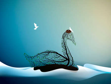 wait the spring, swanlook like tree branches with the nest and white bird flying, spring is coming, spring beautiful composition, vectorのイラスト素材