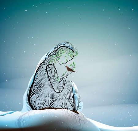 tree silhouette like a woman holding bird, love the birds in cold winter weather, spring come soon, tree alive idea, vectorのイラスト素材