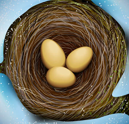 realistic bird s nest with three eggs, Easter in nature, vectorのイラスト素材