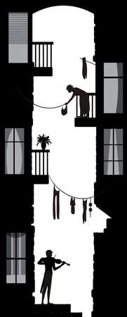 city yard life view, city melody or yard violiner between the city houses: londry, balconues, city nostalgia, black and white memories,vectorのイラスト素材