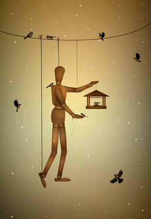 eco friendly materials creative concept, wooden marionette holding feeder for titmoses, preserve the animals idea, creative solution of ecology concept, vectorのイラスト素材