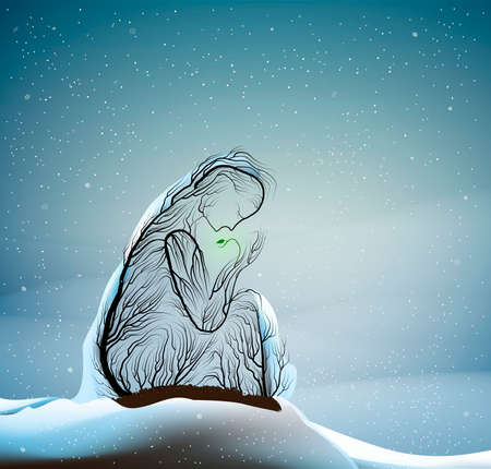 tree silhouette like a woman holding green sprout, first spring sprout in cold winter weather, tree alive idea, vectorのイラスト素材