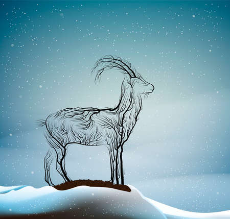 wild goat extinction concept, spirit of dying animal due the forest extinction, goat look like tree branches in the winter forest, protect the animal and forest, vectorのイラスト素材